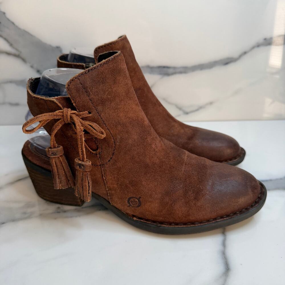 Born Wmns Brown Leather Monikah Boots Sz 7 Festival Boho Western Fringe Side Zip